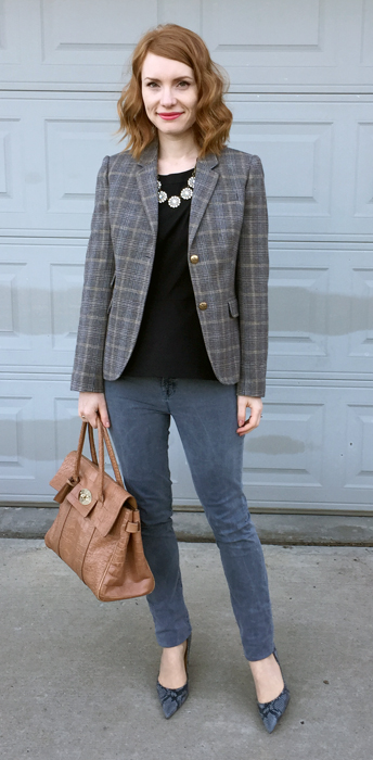 Blazer, J. Crew (thrifted); top, Theory (thrifted); jeans, J Brand (thrifted); shoes, Nine West (thrifted); bag, Mulberry