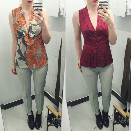 J. Crew pants; Left: Anthro top; Right: Nanette Lepore top