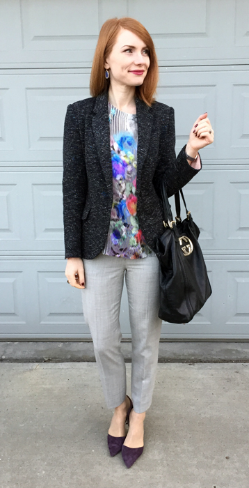 Blazer, Cartonnier (thrifted); top, Nanette Lepore (thrifted); pants, J. Crew (thrifted); shoes, J. Crew; bag, Gucci