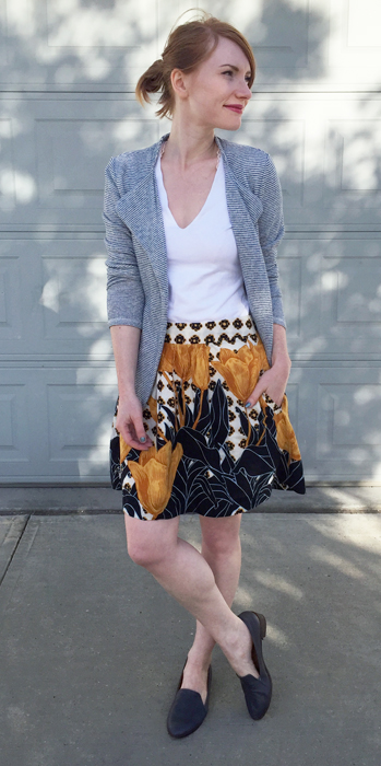 Blazer, Saturday Sunday (thrifted); top, James Perse; skirt, Anthropologie (thrifted); shoes, Kelsi Dagger (thrifted)