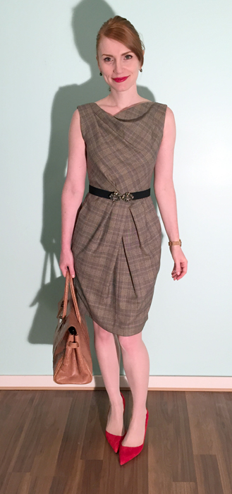 Dress, Lida Baday (thrifted); belt, BCBG (thrifted); shoes, J. Crew; bag, Mulberry