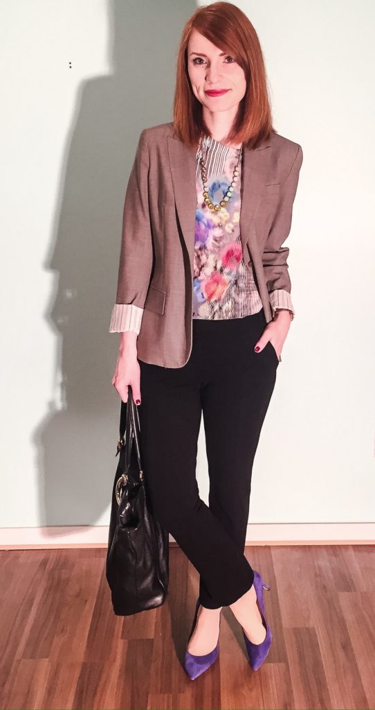 Blazer, Theory; top, Nanette Lepore; pants, DVF; necklace & shoes, J. Crew; bag, Gucci