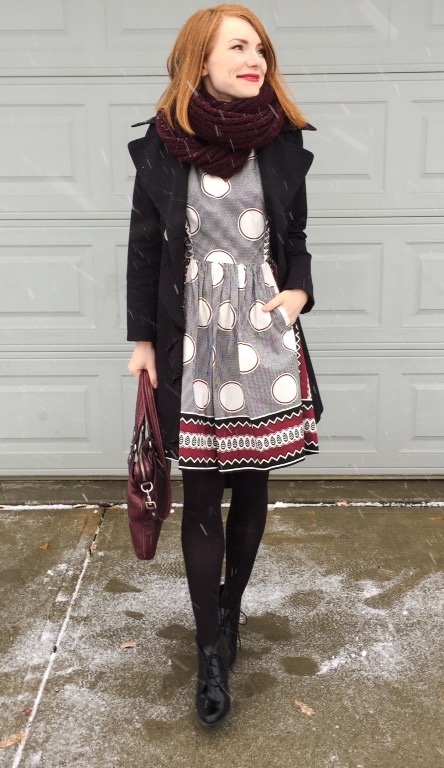 Dress, Anthropologie (thrifted); trench, Elie Tahari (thrifted); boots, Clarks; scarf, Aldo; bag, MbMJ