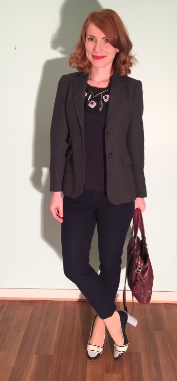 Blazer, J. Crew Factory; top, J.Crew (thrifted); pants, Banana Republic (thrifted); shoes; Ferragamo (thrifted); necklace, MaxMara; bag, MbMJ 