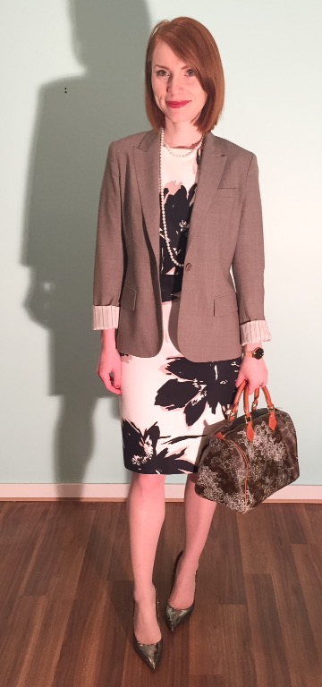 Dress, MaxMara (thrifted); blazer, Theory (thrifted); necklace, swap; bag, Louis Vuitton