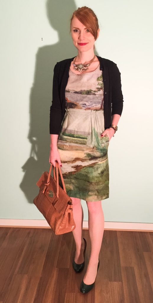 Dress, Anthropologie (via eBay); cardigan & necklace, J. Crew Factory; bag, Mulberry (via consignment)