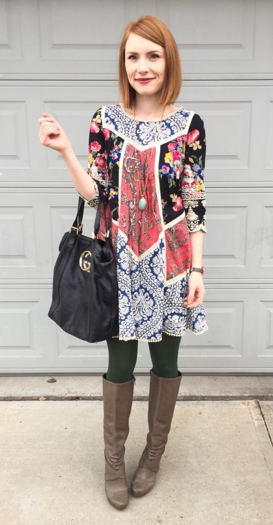 Dress, Anthropologie (thrifted); boots, Seychelles (thrifted); necklace, Stella & Dot (thrifted); bag, Gucci (via consignment)