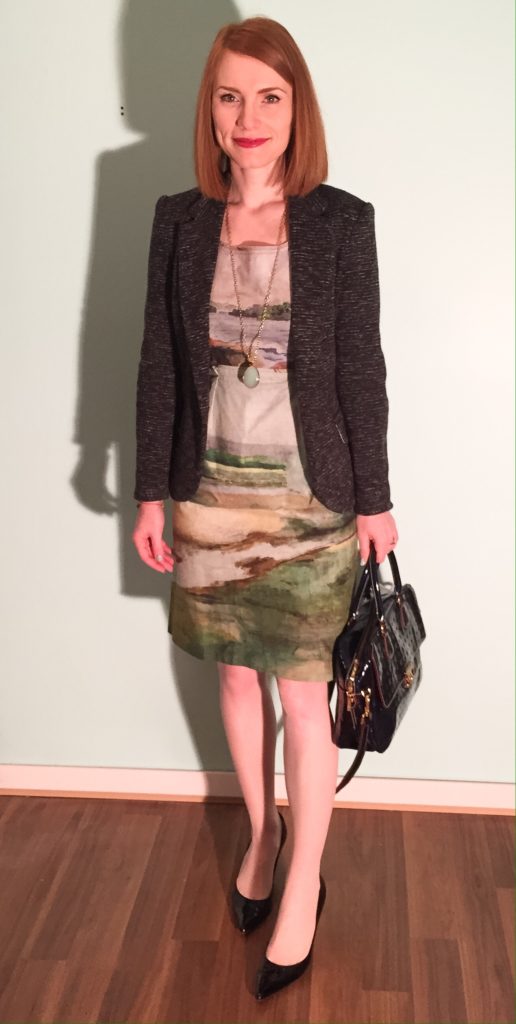 Dress, Anthropologie (via eBay); blazer, Anthropologie (thrifted); necklace, Stella & Dot (thrifted); bag, Arcadia; shoes, Stuart Weitzman
