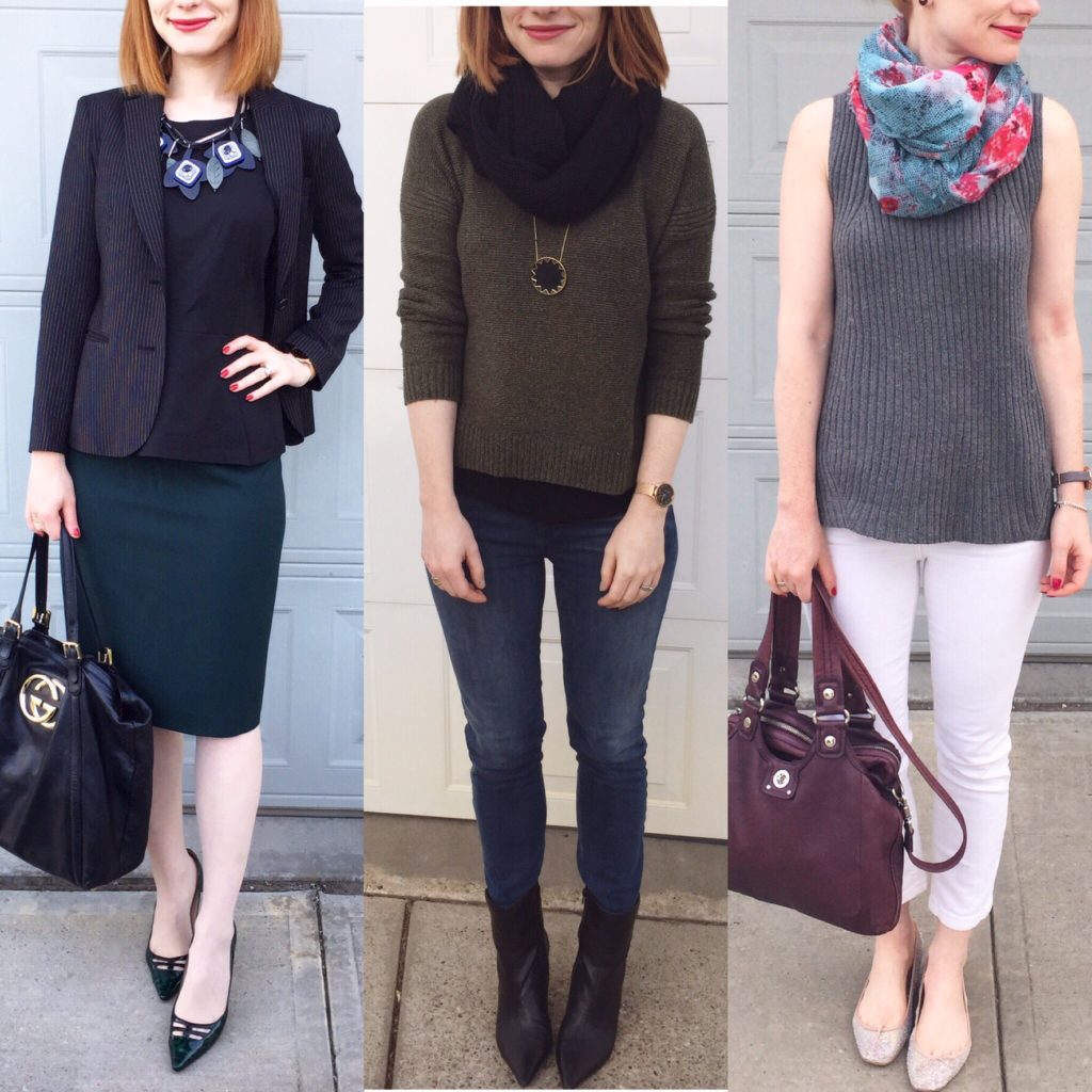 L to R: Theory top (thrifted); Madewell sweater (thrifted); Pilcro jeans (thrifted)