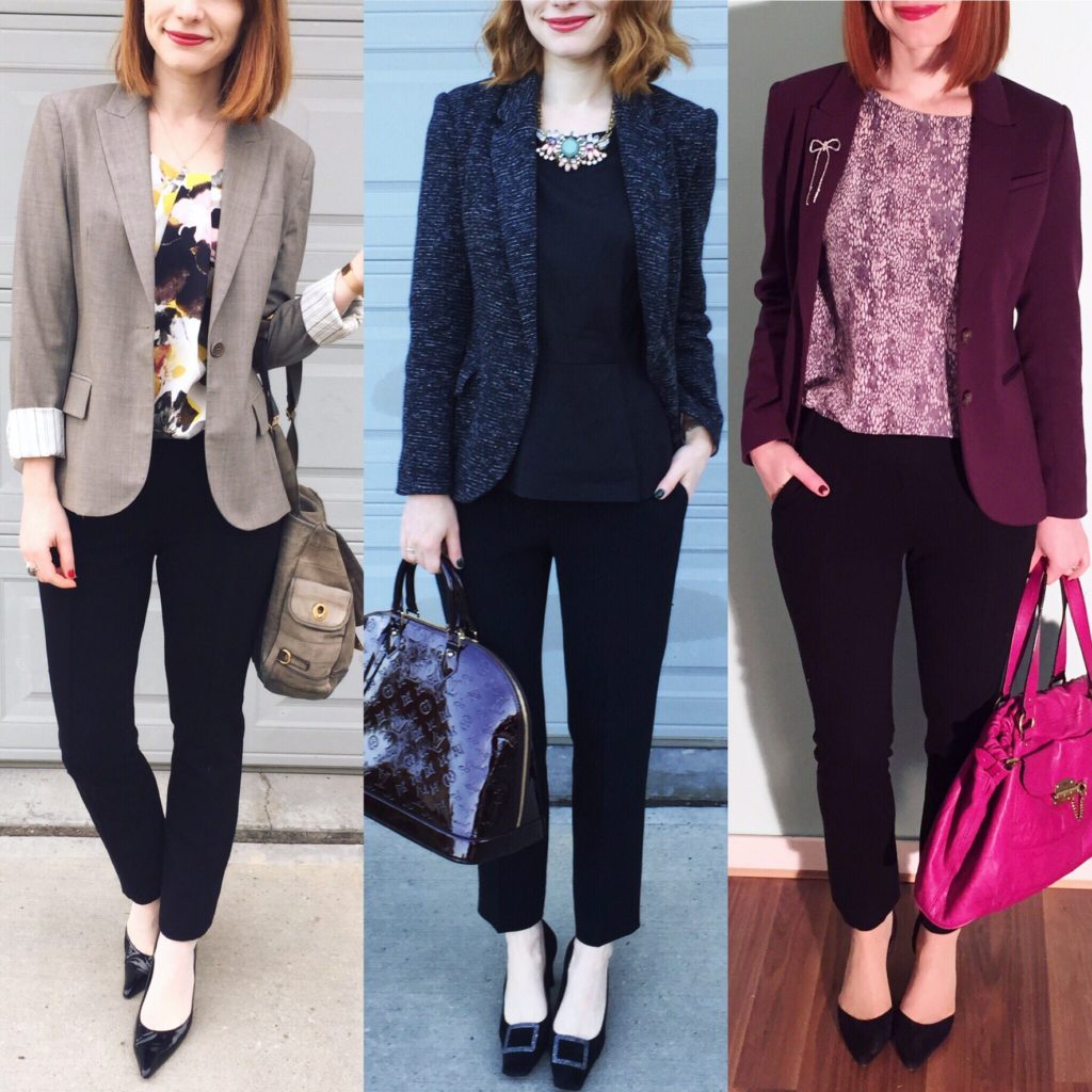 L to R: Theory blazer (thrifted); Cartonnier blazer (thrifted); H&M blazer (thrifted)