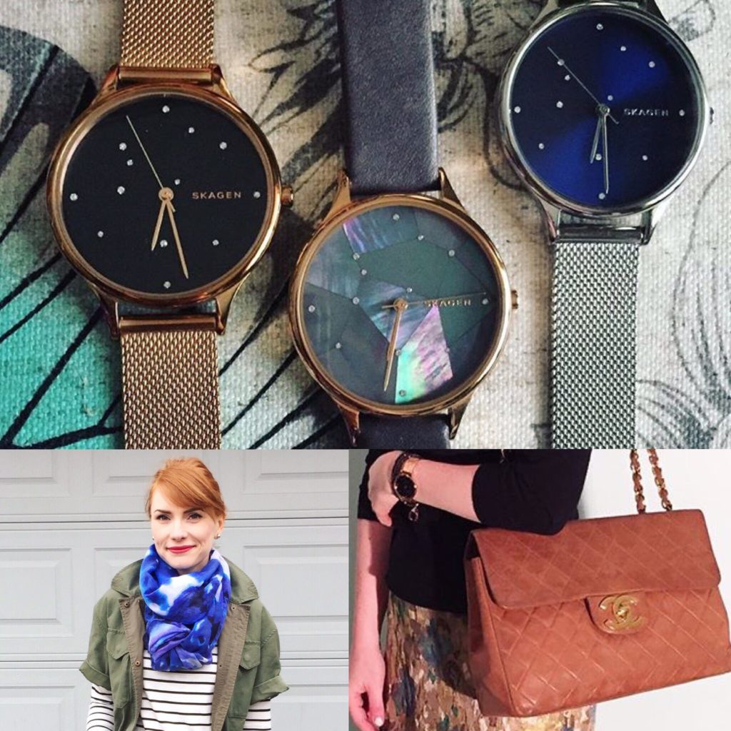 Top row: Skagen watches; Bottom row: 14Th & Union scarf (thrifted); Chanel bag (via Swish)