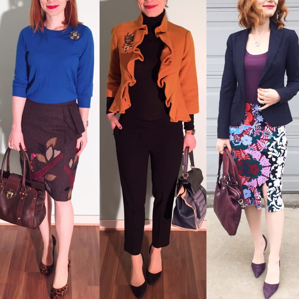 L to R: Floreat skirt (via eBay); T Babaton pants (thrifted); Maeve skirt (thrifted)