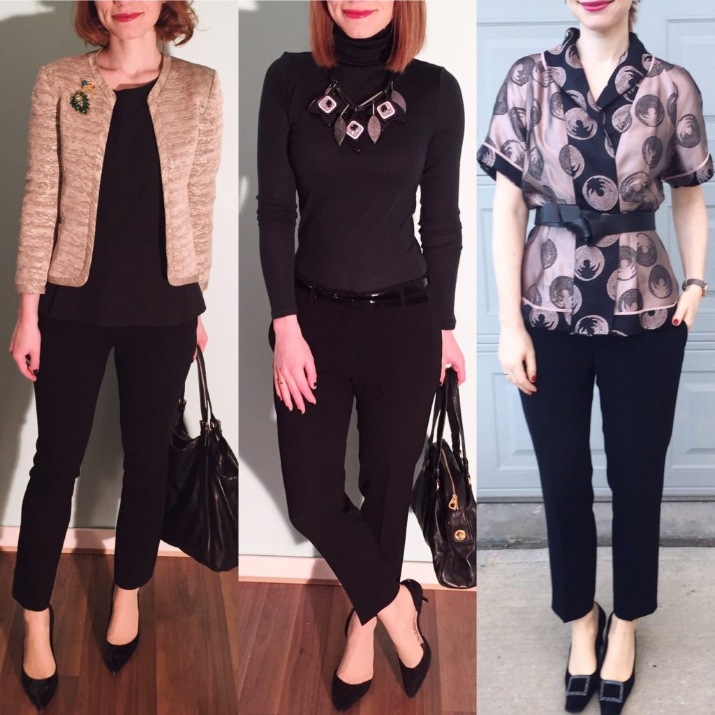 L to R: Wilfred jacket (thrifted); Club Monaco turtleneck; BCBG jacket (thrifted)