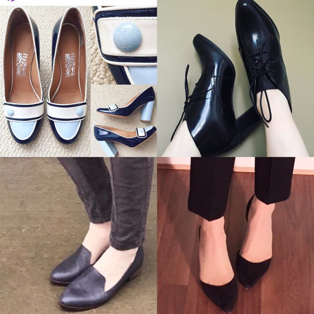 Clockwise from top left: Ferragamo pumps (thrifted); Clarks booties; Sam Edelman pumps (thrifted); Kelsi Dagger loafers (thrifted)