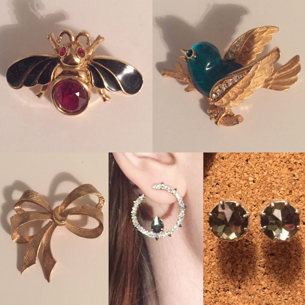 Clockwise from top left: D'Orlan bee brooch (thrifted); vintage bird brooch (via Swish); Rebecca Minkoff earrings; Alexis Bittar earrings; vintage bow brooch (thrifted)