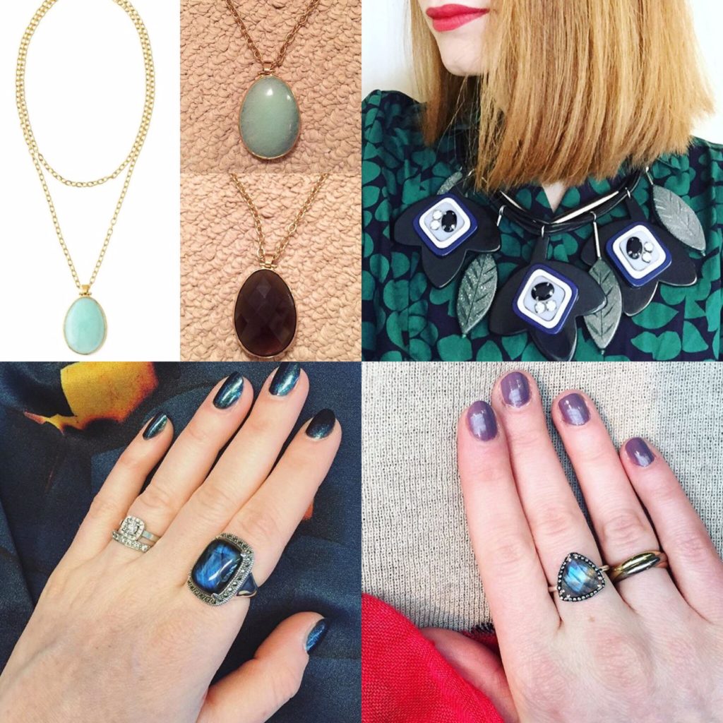 Clockwise from top left: Stella & Dot necklace (thrifted); MaxMara necklace; Alexandra Leigh ring; Winners ring