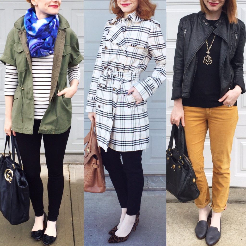 L to R: Club Monaco jacket (thrifted); Burberry trench (thrifted); Joe Fresh jacket (thrifted)