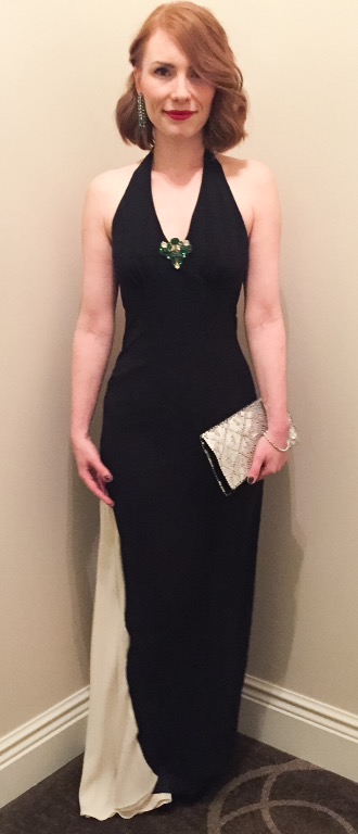 Dress, Nicole Miller (thrifted); shoes, Louboutin (thrifted); brooch, vintage (via eBay); earrings, vintage (via consignment); clutch, vintage (via grandma)