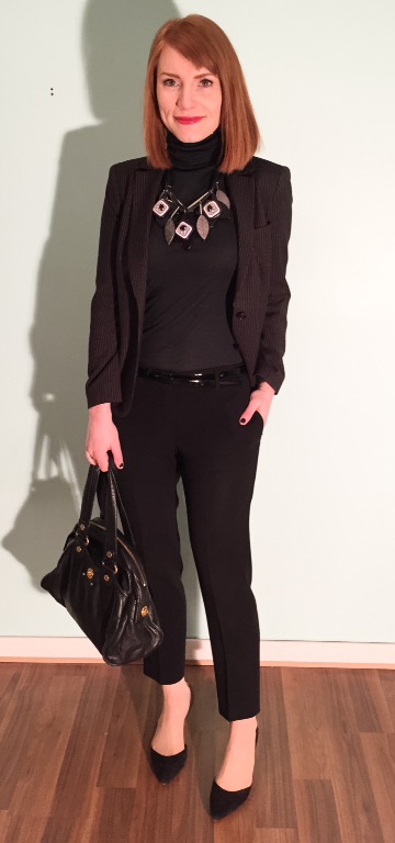 Blazer, DKNY (thrifted); sweater, Club Monaco; pants, DVF (thrifted); necklace, MaxMara; shoes, Sam Edelman (thrifted); bag, MbMJ