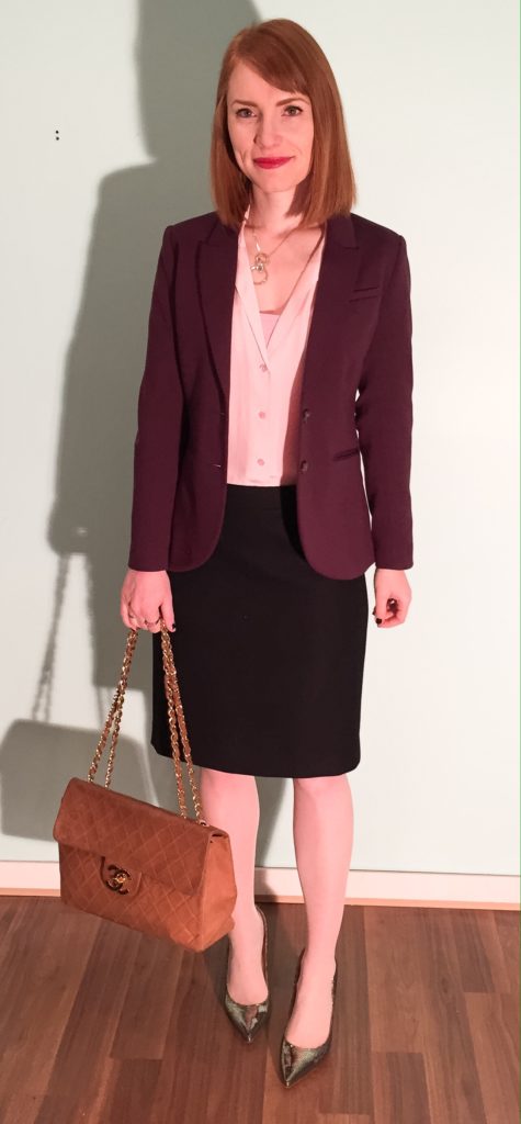 Blazer, H&M (thrifted); blouse, Equipment (thrifted); skirt, J. Crew (via consignment); bag, Chanel