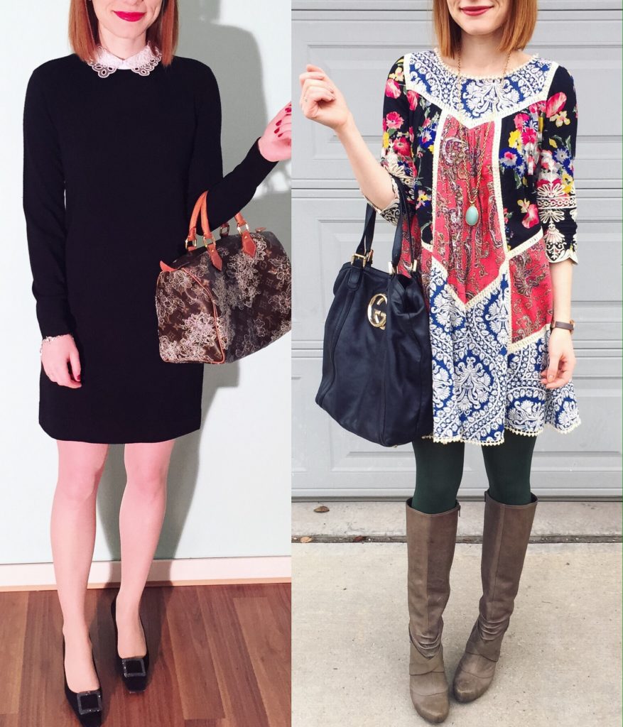 L to R: Club Monaco dress; Vanessa Virginia dress (thrifted)