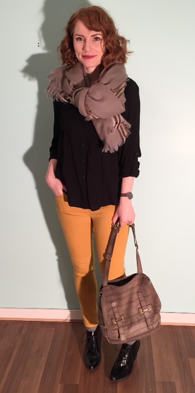 Top, Maeve (thrifted); scarf, no name (thrifted); jeans, Rag & Bone (thrifted); shoes, Clarks; bag, YSL (via eBay)