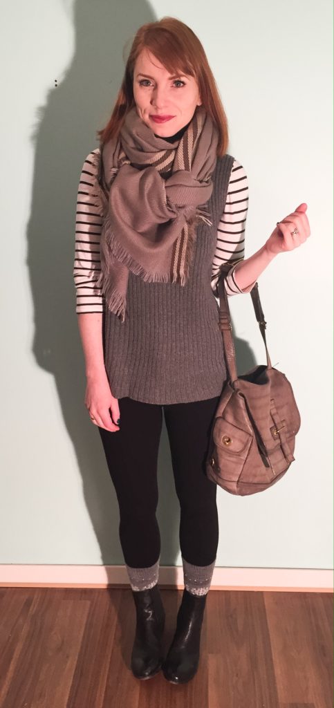 Top, J. Crew Factory; sweater, Joe Fresh; pants, Joe's jeans (thrifted); scarf, thrifted; boots, Frye; bag, YSL (via eBay)