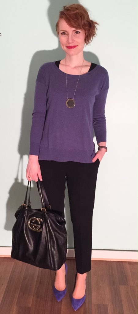Sweater, Banana Republic (thrifted); tank, Gap (thrifted); pants, Aritzia (thrifted); shoes, J. Crew (via consignment); bag, Gucci (via consignment); necklace, house of Harlow