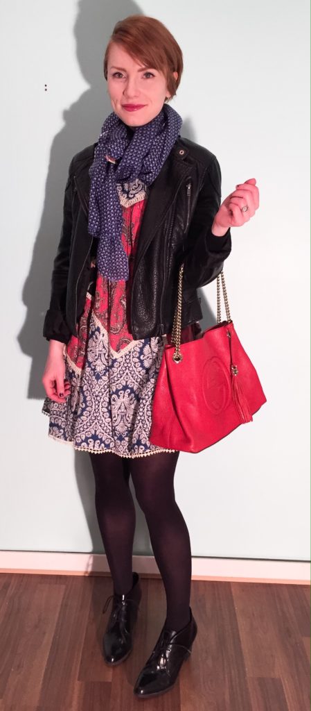 Jacket, Joe Fresh (thrifted); dress, Anthropologie (thrifted); sweater, Club Monaco; scarf, Winners; shoes, Clarks; bag, Gucci