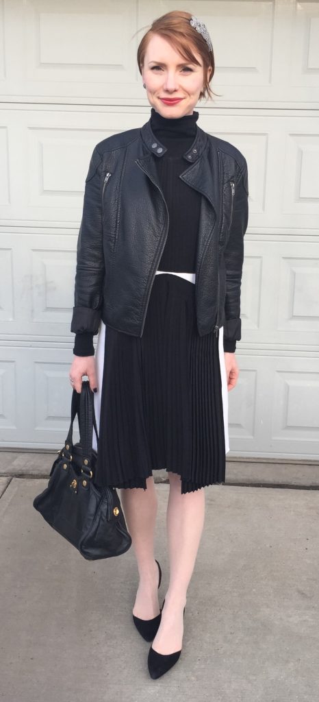 Dress, Vanessa Bruno (via consignment); jacket, Joe Fresh (thrifted); shoes, Sam Edelman (thrifted); turtleneck, Club Monaco; bag, MbMJ (via eBay)