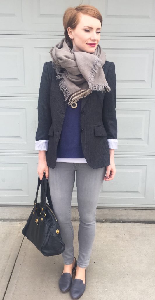 Blazer, MaxMara (thrifted); sweater, unknown (thrifted); T-shirt (James Perse); scarf, thrifted; jeans, AG (thifted); shoes, Kelsi Dagger (thrifted); bag, MbMJ (via eBay)