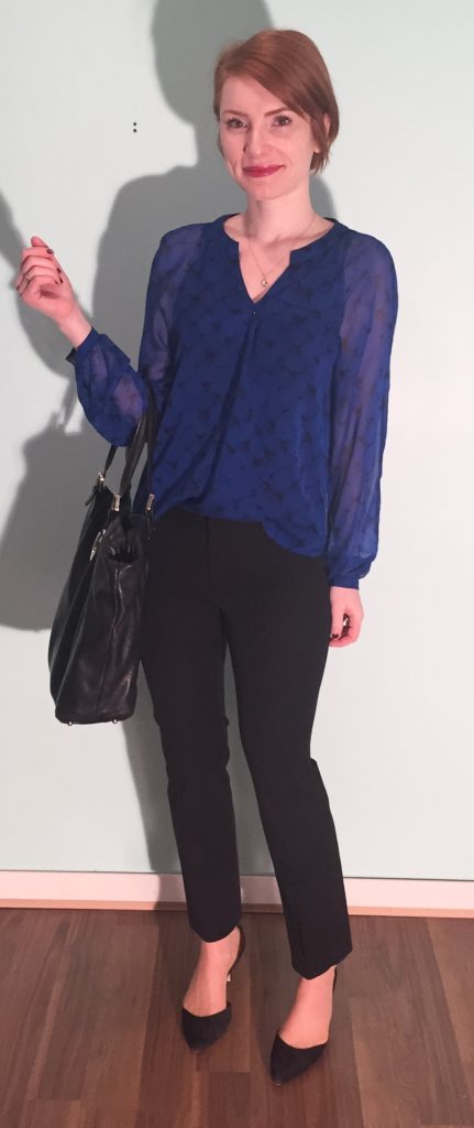 blouse, DVF (thrifted); pants, Banana Republic (thrifted); shoes, Sam Edelman (thrifted); bag, Gucci (via consignment)