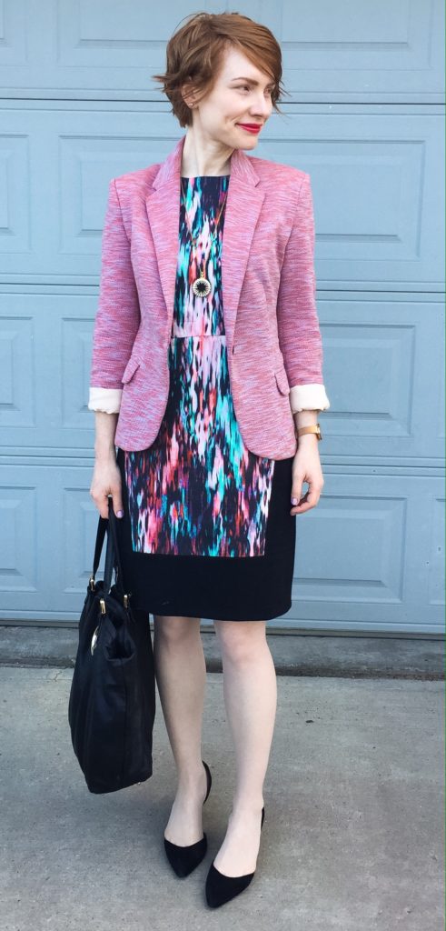 Dress, Judith & Charles (thrifted); blazer, Cartonnier (thrifted); shoes, Sam Edelman (thrifted); bag, Gucci; necklace, J. Crew Factory