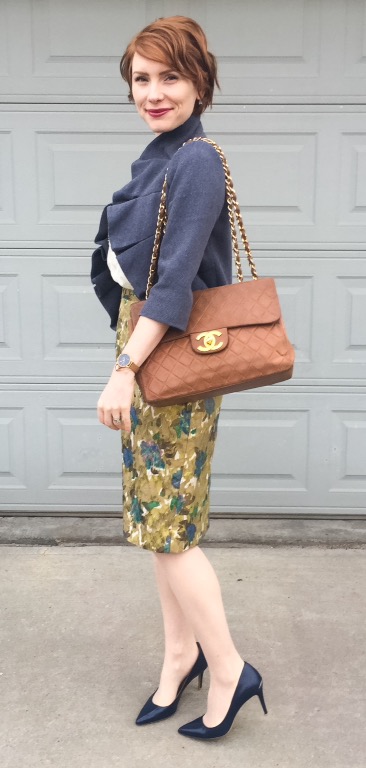 Dress, Anthropologie (via eBay); jacket, Anthropologie; shoes, CK; bag, Chanel (via consignment)