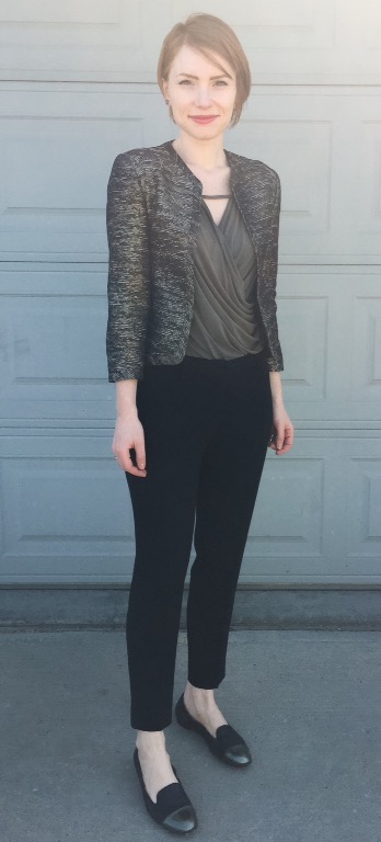 Blazer, Wilfred (thrifted); top, Deletta (thrifted); pants, Aritzia (thrifted); shoes, AGL (thrifted)