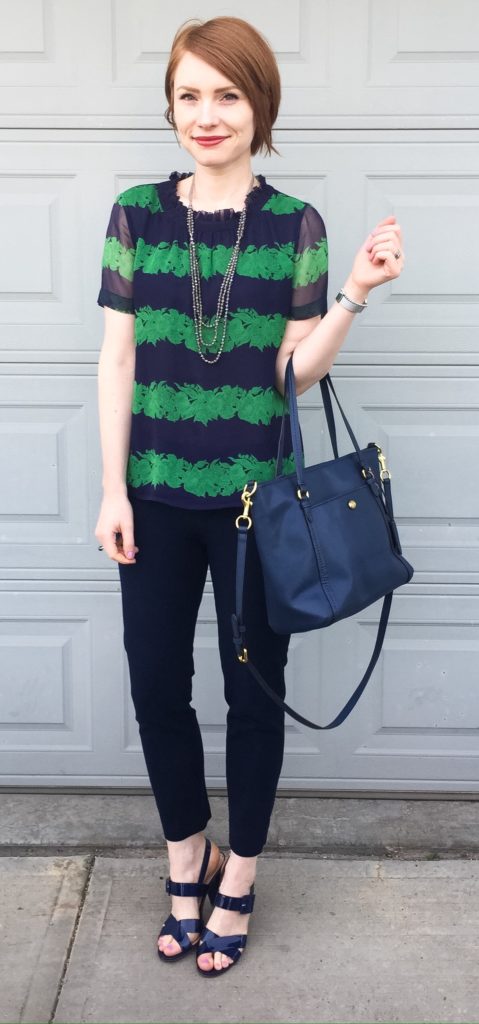 Top, J. Crew (via consignment); pants, BR (thrifted); shoes, J. Crew (thrifted); bag, Coach (via eBay); necklace, Cleo