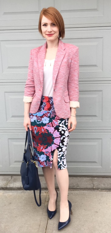 Blazer, Cartonnier (thrifted); top, BR (thrifted); skirt, Maeve (thrifted)`; shoes, Calvin Klein; bag, Coach (via eBay)