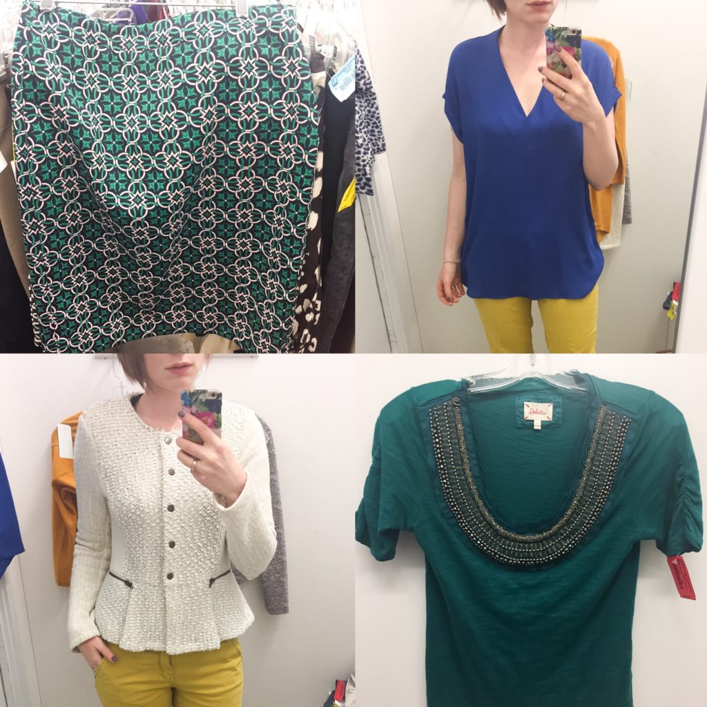 From top left (clockwise): J. Crew skirt; Pleione top; Deletta top; Cartonnier jacket