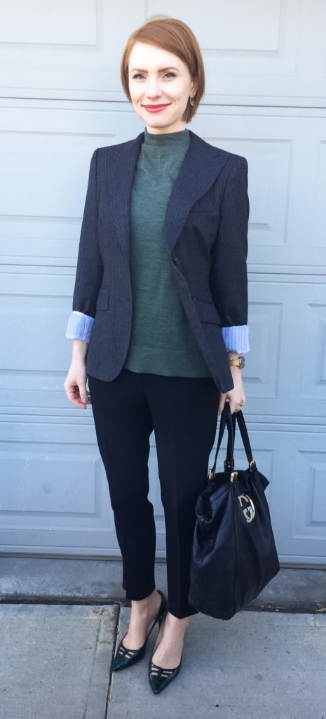 Blazer, MaxMara (thrifted); sweater, Selected Femme; pants, Aritzia (thrifted); shoes, Jimmy Choo (via eBay); bag, Gucci (via consignment)