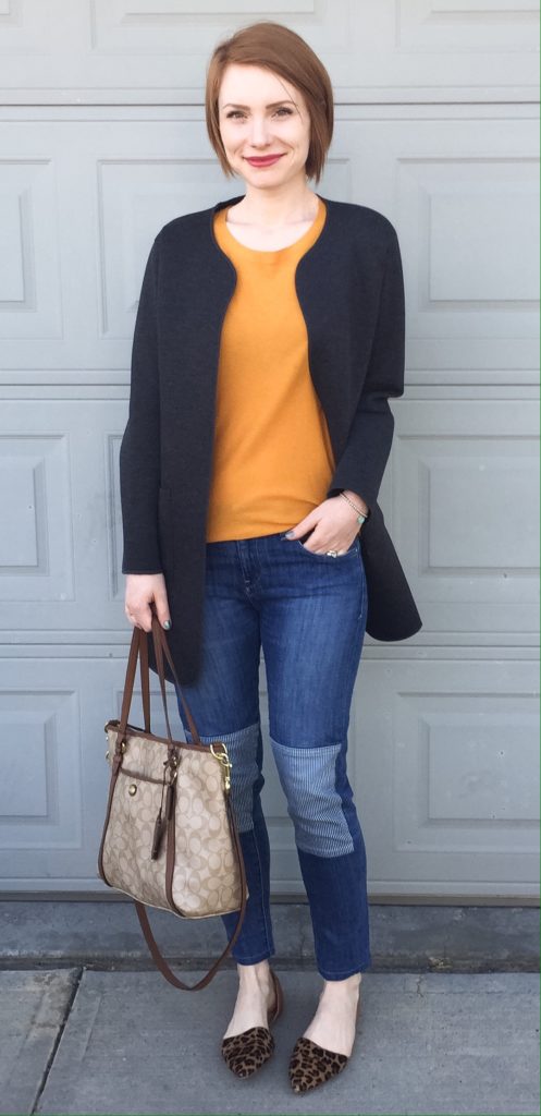 Coat, Oak & Fort (thrifted); sweater, Babaton (thrifted); jeans, Pilcro (thrifted); shoes, J. Crew Factory; bag, Coach (swap)