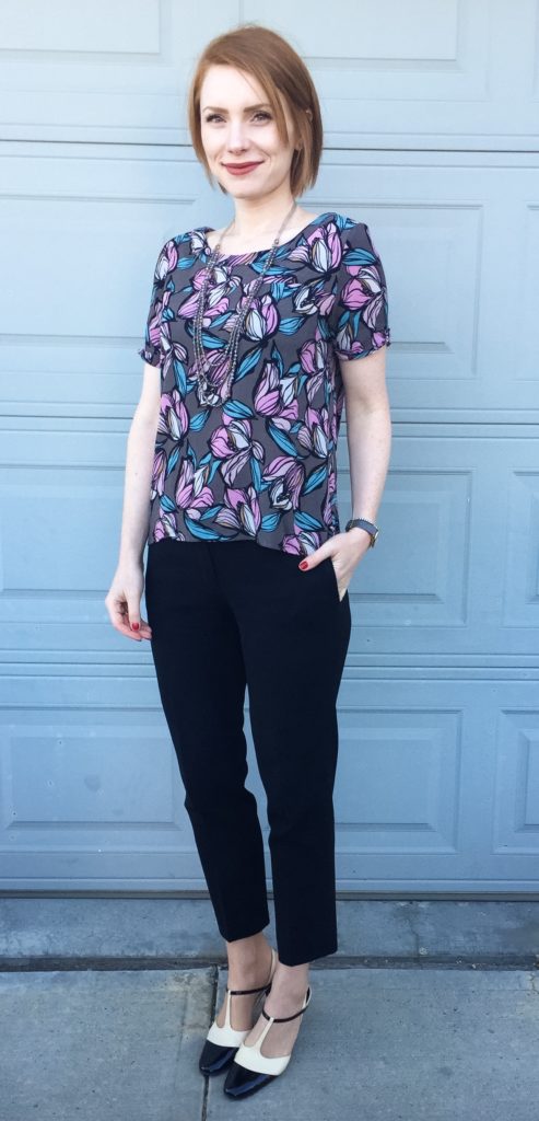 Top, LOFT (thrifted); pants, Aritzia (thrifted); necklace, Cleo; shoes, Ferragamo (thrifted)