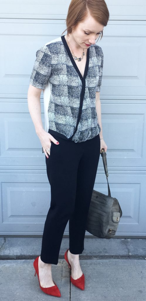 Top, Derek Lam (via consignment); pants, Aritzia (thrifted); shoes, J. Crew; necklace, Alexis Bittar; bag, YSL (via eBay)