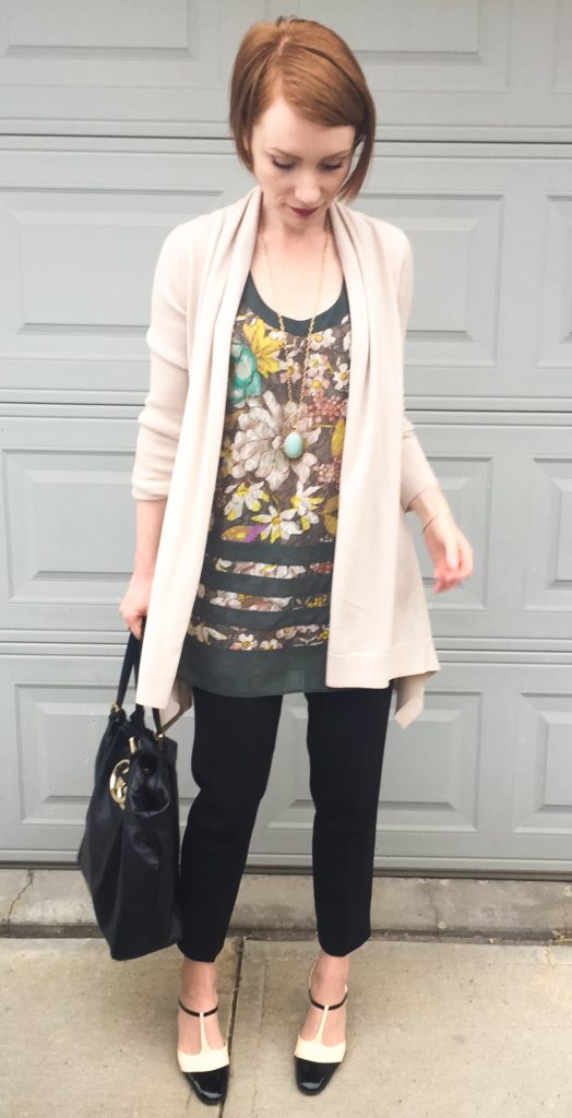 Tunic, Etro (thrifted); sweater, Theory; pants, Aritzia (thrifted); shoes, Ferragamo (thrifted); bag, Gucci (via consignment)