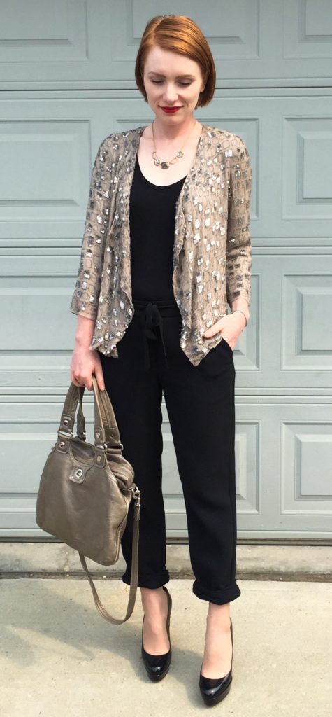 Jacket, Parker (thrifted); top, Gap (thrifted); pants, Aritzia (thrifted); shoes, Louboutin (thrifted); bag, MbMJ