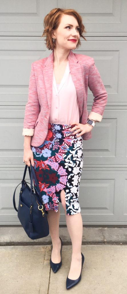 Blazer, Cartonnier (thrifted); blouse, Equiment (thrifted); skirtm Maeve (thrifted) shoes, Calvin Klein; bag, Coach (via eBay)