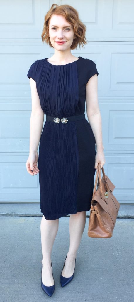 Dress, COS (thrifted); belt, BCBG (thrifted); shoes, Calvin Klein; bag, Mulberry