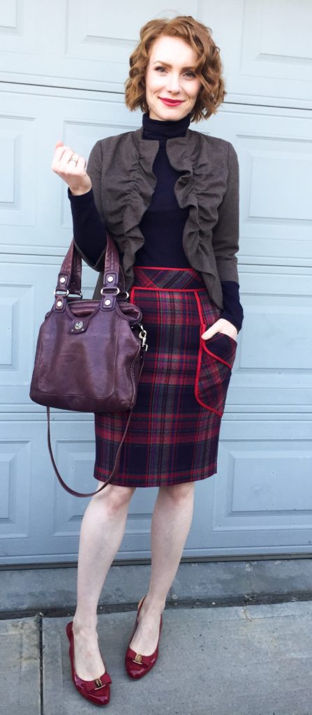 Blazer, Tabitha (consignment); turtleneck, Club Monaco; skirt, Tracy Reese (consignment); shoes, Ferragamo (consignment); bag, MbMJ