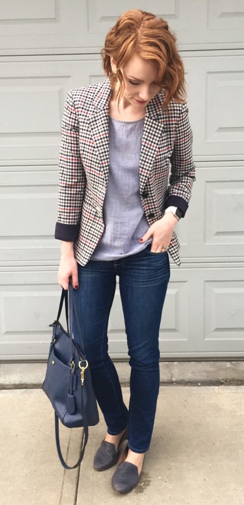 Blazer, Liz Claiborne (thrifted); top, Theory (via consignment); jeans, Paige (thrifted); shoes, Kelsi Dagger (thrifted); bag, Coach (via eBay)