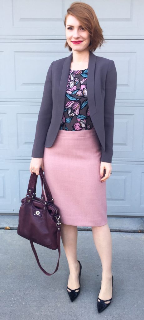 Skirt, J. Crew (thrifted); top, Loft (thrifted); blazer, Loft82 (via consignment); shoes, Jimmy Choo (thrifted); bag, MbMJ