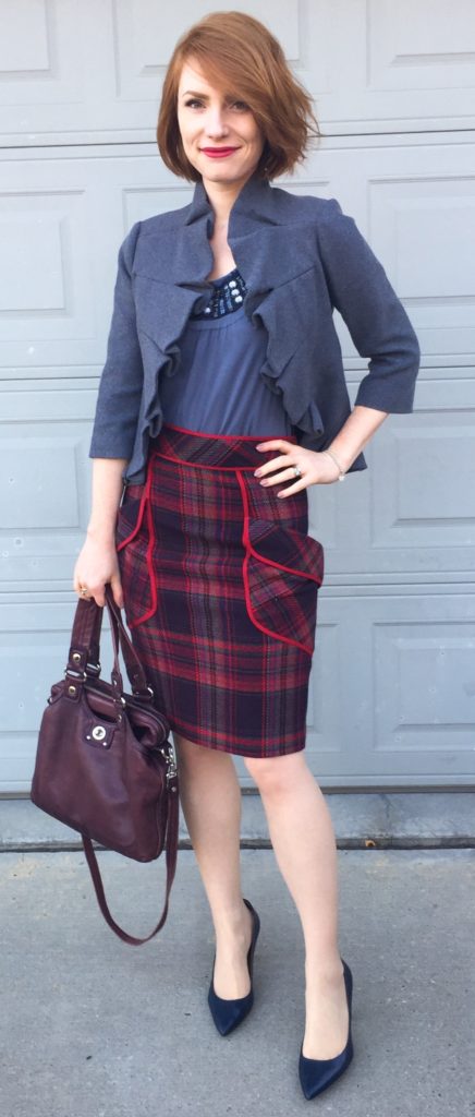 Skirt, Tracy Reese (via consignment); top, Deletta (thrifted); jacket, Tabitha; shoes, Calvin Klein; bag, MbMJ